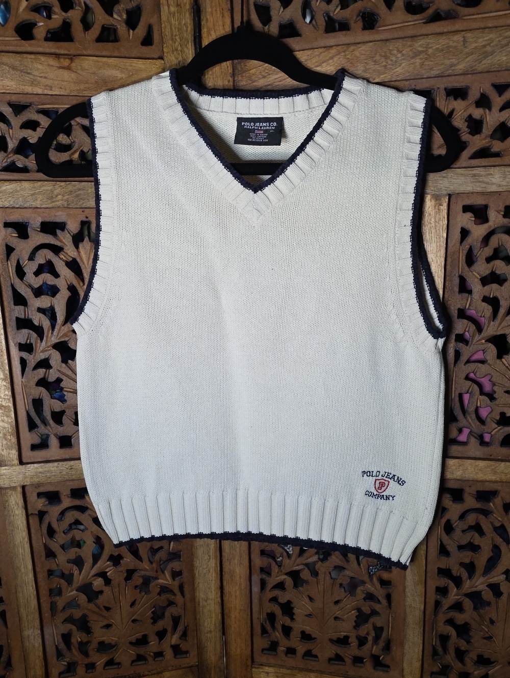 Polo by Ralph Lauren Cream V-Neck Sweater Vest with Navy Trim